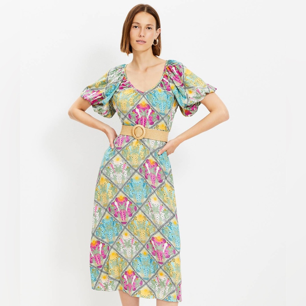 LOFT Tropical Belted Midi Dress Size 12